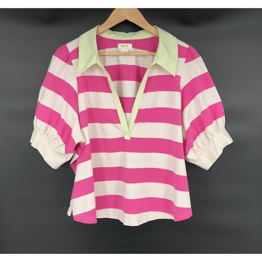 Maeve By Anthropologie Women Puff Sleeve Rugby Stripe Polo Top 1X Pink Plus Size